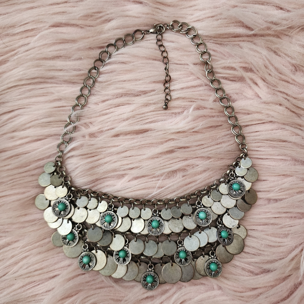 Bohemian Coin Bib Statement Necklace Faux Turquiose Silver Tone